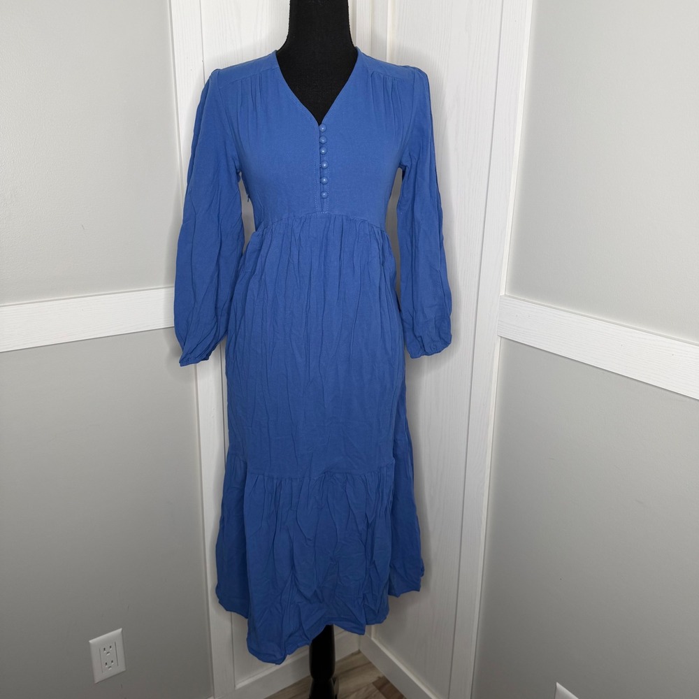 Kohl's Maxi Dress Women Size Small Blue Long Sleeve Tiered V-Neck Pockets